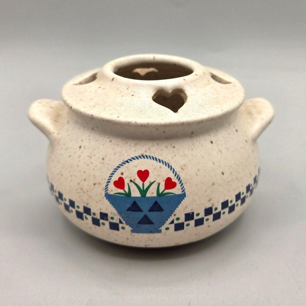 Ceramic Potpourri Pot Holder With Heart Cutouts Folk Art Country Design